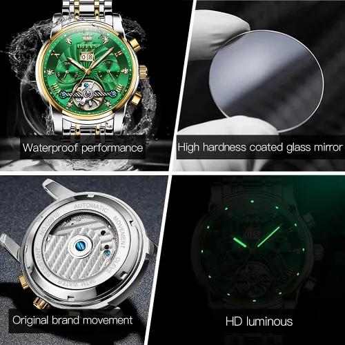 Vista 52 de OLEVS Relojes automáticos para hombre, oro de lujo, vestido de diamantes de cuerda automática, esqueleto mecánico, Tourbillon, reloj de pulsera