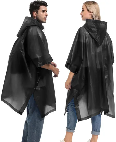 Vista 5 de Ponchos de lluvia reutilizables con capucha con cordón para adultos, abrigo de lluvia grueso impermeable, 2 paquetes