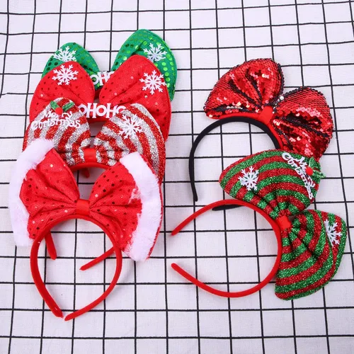 Vista 6 de Aneco Paquete de 6 diademas de lazo de Navidad, sombreros de fiesta, aro para el pelo, decoración de vacaciones, tocado para suministros de fiesta
