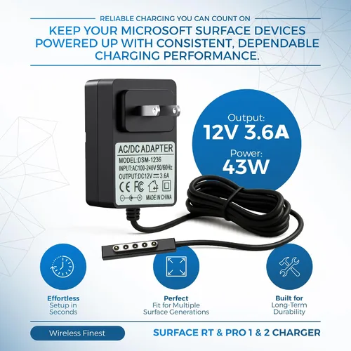 Vista 3 de Cargador adaptador de corriente alterna de repuesto para Microsoft Surface 2, Surface RT, Surface Pro 1 y Pro 2 1512 1513 1516 1572 1601 i5 i7