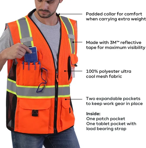 Vista 3 de Neopelta Chaleco de seguridad reflectante de malla naranja, fabricado con cinta reflectante 3M, chaleco resistente con bolsillo para identificación