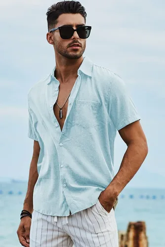Vista 197 de JMIERR Camisas de vestir a rayas con botones y manga corta para hombre