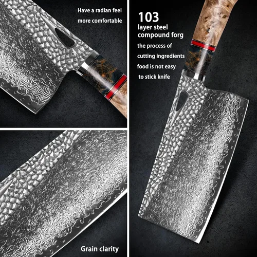Vista 4 de Damascus Kitchen - Cuchillo chino de 7.5 pulgadas profesional hecho a mano con mango de madera estabilizado para carne y verduras en el hogar