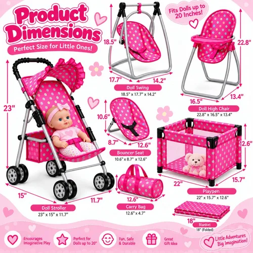 Vista 3 de Fash n kolor Juego de Muñeca Bebé de 3 Piezas – Parque Infantil de Diseño de Lunares, Cochecito de Muñeca Plegable, Silla Alta – Compatible