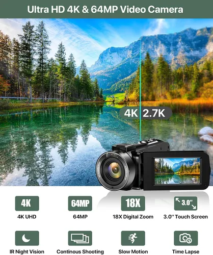 Vista 9 de Videocámara 4K 64MP para vlogging, cámara para YouTube, pantalla táctil de 3.0", zoom digital de 18 aumentos, visión nocturna IR con micrófono