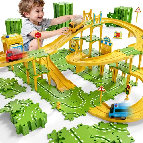 Vista 7 de Juego de pista de carreras de rompecabezas grande de 2 niveles para niños de 3 a 5 años, juego de pistas de rompecabezas, juguetes de pistas