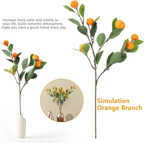 Vista 4 de 3 ramas artificiales de mandarina, rama naranja de simulación, rama de mandarina Kumquat, accesorios de frutas falsas realistas con hojas verdes