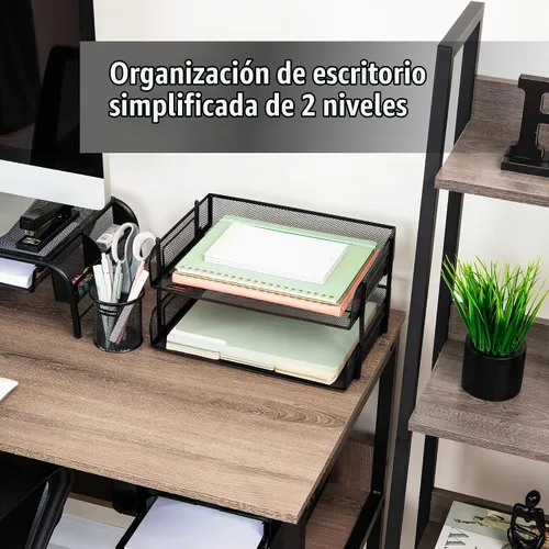 Vista 2 de Mind Reader Bandeja de papel apilable de 2 niveles, organizador de escritorio para documentos de tamaño carta, almacenamiento de archivos de Negro