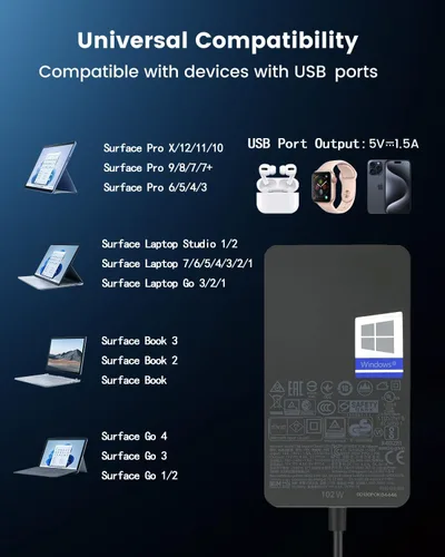Vista 2 de Cargador de superficie de 102 W, cargador Microsoft Surface para Surface Book 1/2/3, Surface Laptop Studio 1/2, Surface Pro 3/4/5/6/7/7+/8/9/10/11