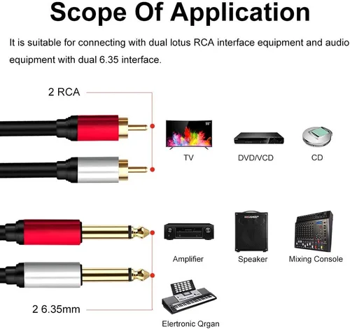 Vista 6 de 2 cables de 0.250 in a 2RCA, doble conector estéreo TS macho de 1/4 pulgadas a 2 RCA macho adaptador divisor de cable de audio estéreo