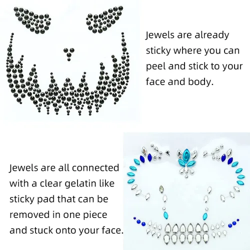 Vista 7 de Joyas para la cara de Halloween, gemas tatuajes, tatuajes temporales negros, diamantes de imitación azules, cara de calavera falsa, tatuaje falso