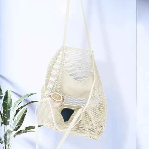 Vista 4 de Bolso de playa de malla para mujer, bolso de hombro plegable casual para picnic, vacaciones