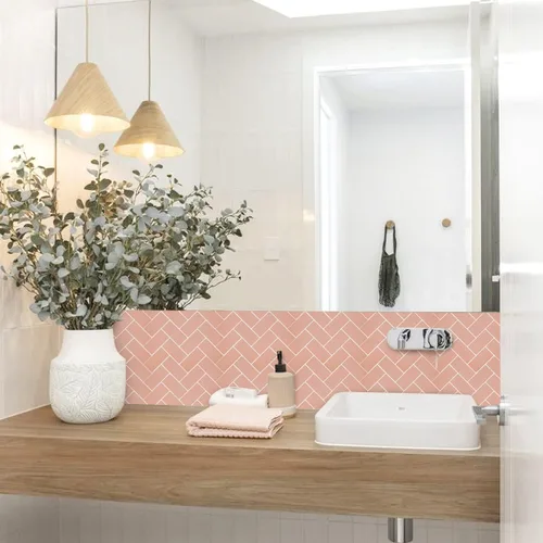 Vista 2 de Azulejo de Espiga Rosa Coral Despegar y Pegar para Salpicadero, Azulejo Autoadhesivo Removible Chevron para Pared para Cocina Baño