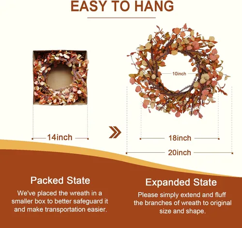 Vista 3 de Corona de otoño de 20 pulgadas para puerta delantera, decoración de otoño con hojas de eucalipto naranja, coronas rústicas de cosecha de Acción