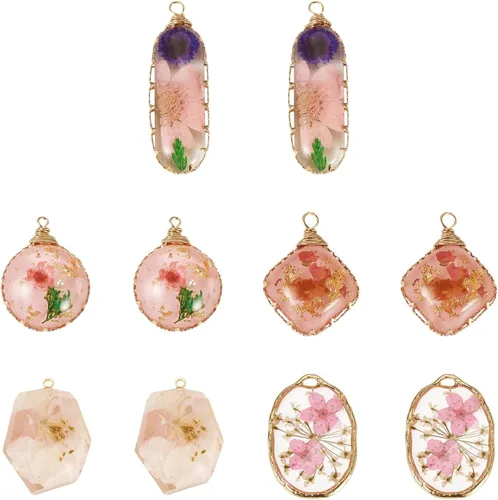 Vista 10 de Dijes de resina de flores secas, corazón redondo, lágrima, rombo, rectángulo, resina epoxi, aretes para manualidades, collares, pulseras