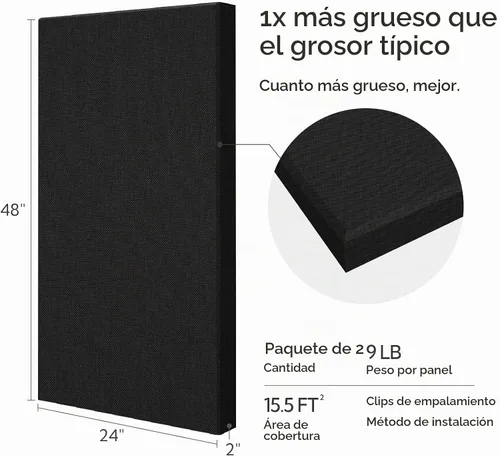Vista 4 de Olanglab Paneles Acústicos Absorbentes de Sonido para Pared, Paquete de 2, Paneles de Amortiguación de Sonido de Fibra de Vidrio de 2'' 24''x48