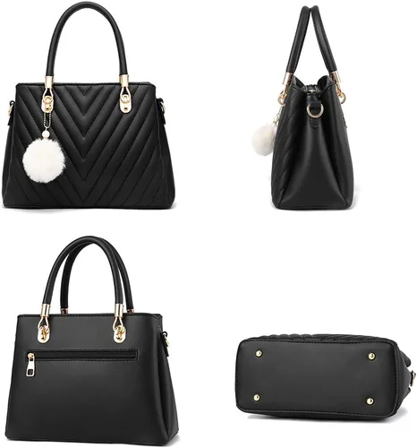 Vista 2 de Bolsos de cuero de moda para mujer, bolsos acolchados con asa superior, bolso de hombro para mujer con pompón