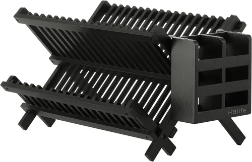 Vista 10 de HBlife Escurreplatos de Bambú, Plegable de 2 Niveles, Collapsible, con Soporte para Utensilios de Cocina