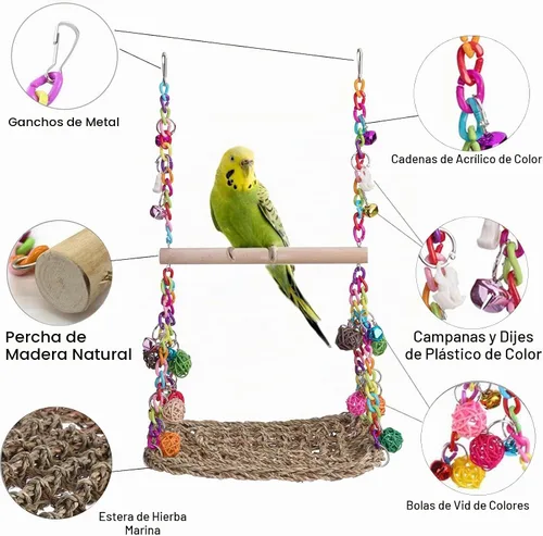 Vista 6 de FrgKbTm Juguetes de columpio para pájaros con perca de madera, plataforma de loro tejida de hierba marina, hamaca colgante para pájaros, soporte