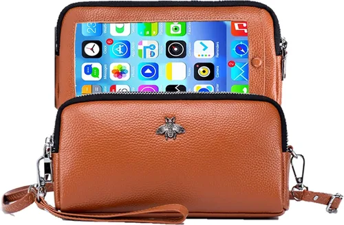 Vista 11 de Cuero genuino pantalla táctil teléfono bolso bolso bolso cartera cartera para mujeres niñas L1- Negro