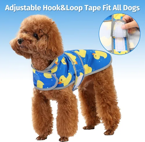 Vista 3 de Impermeable para perros pequeños y cachorros, chaqueta impermeable con capucha con tiras reflectantes, agujero para la correa y poncho de ajuste