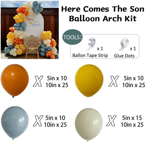 Vista 2 de Here Comes the Son - Kit de Guirnalda de Arco de Globos 147 Piezas Globos Boho Retro Azul Polvoriento Naranja Quemado Amarillo Mostaza para Baby