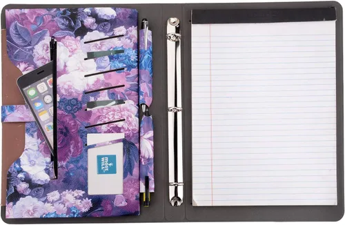 Vista 4 de Funda de cartera de 3 anillas, pintura floral, piel sintética, organizador de negocios con soporte para bloc de notas