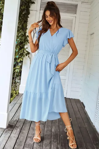 Vista 7 de PRETTYGARDEN - Vestido floral para mujer estilo bohemio, cruzado, con cuello en V, manga corta, con cinturón, dobladillo con volantes, acampanado