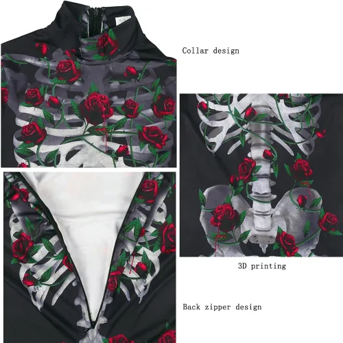 Vista 5 de CUEPANDA Disfraz de Halloween para mujer, disfraz de esqueleto, overol de manga larga con estampado 3D de calavera, traje de cosplay