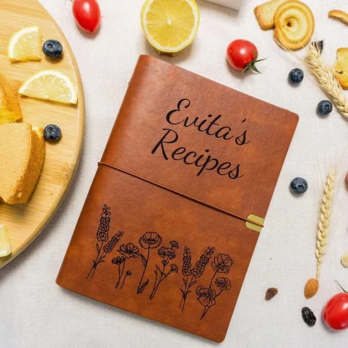 Vista 5 de Libro de recetas de cuero hecho a mano, cuaderno personalizado con nombre grabado, libros de cocina familiares personalizados, aniversario