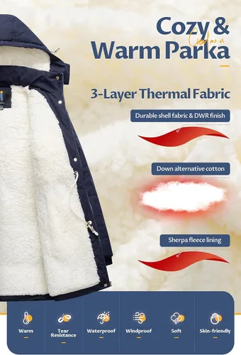 Vista 3 de CREATMO US Abrigo de invierno de sherpa grueso para mujer, chaqueta de nieve cálida con capucha extraíble