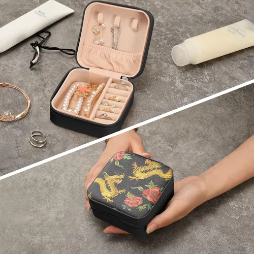 Vista 8 de Joyero pequeño con diseño étnico de dragones y rosas dorados, mini joyero, organizador de joyas de viaje para mujer