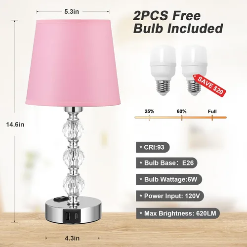 Vista 4 de Juego de 2 lámparas de mesa de cristal para dormitorio/sala de estar, 14.6 pulgadas (rosa)
