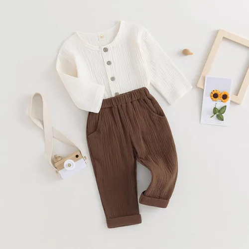 Vista 8 de Thorn Tree Conjunto de ropa de 2 piezas para niños y niñas, camisa de manga larga con botones y cintura elástica, 2 piezas