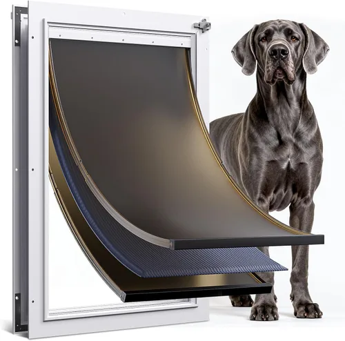 Vista 9 de Puerta para perro para puerta, 3 solapas de aluminio, color blanco, puerta grande para perros, puerta resistente para mascotas, con solapa aislante