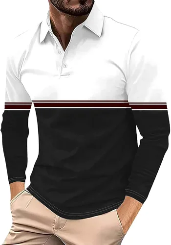 Vista 25 de Camisa polo para hombre, manga larga, cuello abotonado, bloque de color, moda para trabajo y golf