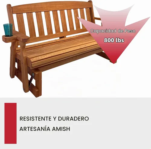 Vista 5 de Amish Casual Planeador de porche tratado a presión de 800 libras con portavasos, resistente (4 pies, manchas de cedro)