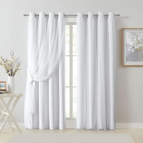 Vista 26 de Bujasso Cortinas 80% Opacas Beige con Superposición de Gasa Mezcla y Combinación Paneles de Ventana con Aislamiento Térmico de Doble Capa de 63