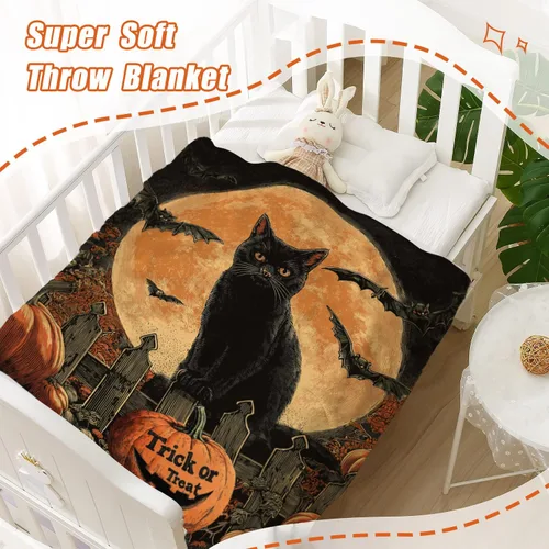 Vista 5 de YeeJu Manta de Halloween con diseño de calabaza y gato negro, manta de bebé pequeña para regazo, bebé, bebé, cuna, carriola, acogedora, suave