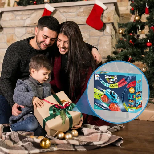 Vista 7 de Juguete de Pista de Carreras para Niños con Coche con Luz LED, Pista de Carreras Eléctrica Flexible Intercambiable con Batería para Niños y Niñas