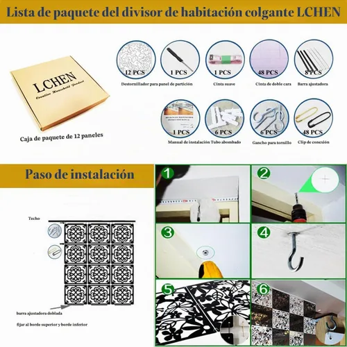 Vista 5 de Lchen - Divisor de habitación colgante, 12 piezas, panel de seguridad de PVC, pájaros, flores, para sala, comedor, estudio, sala de estar
