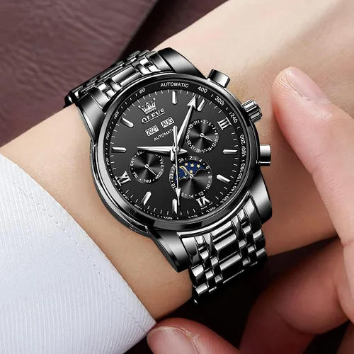 Vista 2 de OLEVS Automatic Mechanical Watches for Men Self Winding no Battery Stainless Steel Strap Luxury Moon Phase Luminous Waterproof Wrist Watch