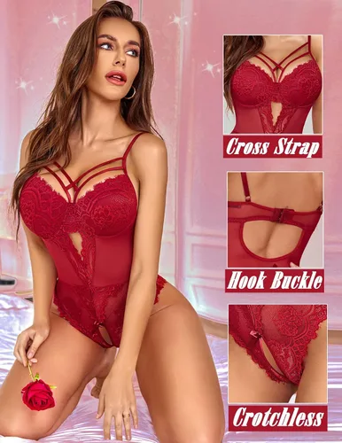 Vista 4 de Avidlove Body de lencería con arnés de encaje floral para mujer, camisón de una pieza