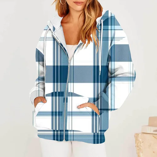 Vista 5 de Womens Long Sleeve Hooded Pullover Zip Up Plaid Drawstring Hoodies Oversized Y2K Clothes Fall Fashion Tops with Pocket
