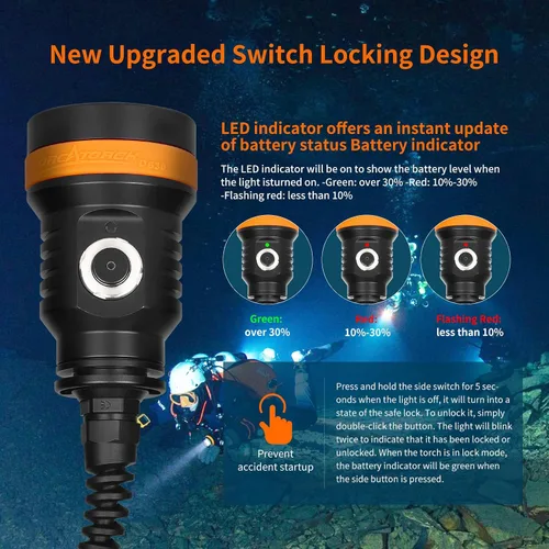 Vista 5 de ORCATORCH D630 V2.0 4600 lúmenes - Luz de buceo con recipiente primario 7° Narrow Beam, 5 CREE LEDs, Adjustable Cable Angle (90°–180°), Side Mount