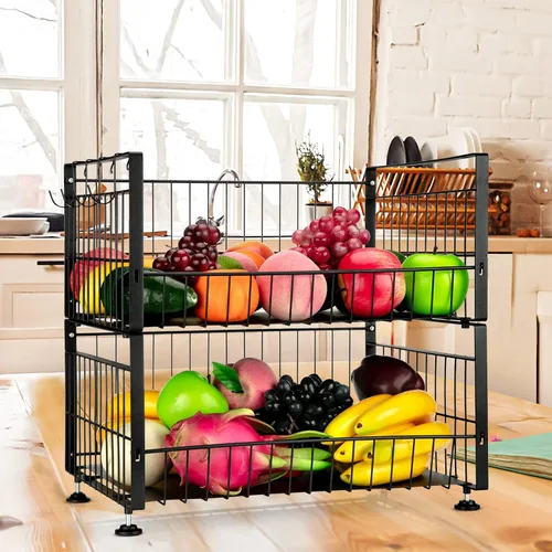 Vista 7 de Fashionwu Cesta de frutas de 2 niveles con 4 ganchos extraíbles para plátano, frutero para encimera de cocina, organizador de almacenamiento