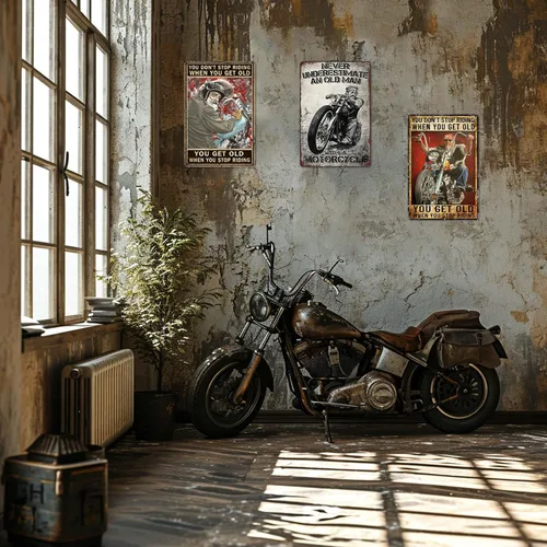 Vista 3 de Carteles de motocicleta Ubewair Regalos de motocicleta para hombres Arte de motocicleta de metal Decoración de pared Nunca subestimes a un viejo