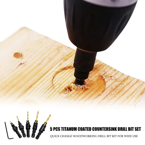 Vista 5 de Juego de 5 brocas avellanadas con revestimiento de titanio para trabajar en madera, vástago hexagonal de 1/4 pulgadas, 5 tamaños