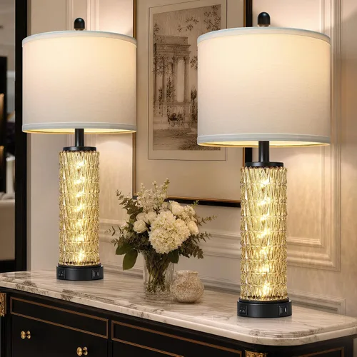 Vista 16 de Lámparas de mesa costeras de 28 pulgadas para sala de estar, lámparas de noche con luz nocturna, puertos USB A+C, moderna concha de mar