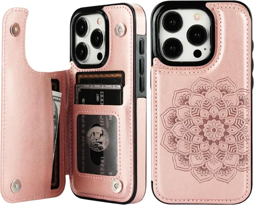 Vista 10 de Vaburs Funda compatible con iPhone 15 Pro con tarjetero y diseño de mandala en relieve, de piel sintética, doble botones, a prueba de golpes
